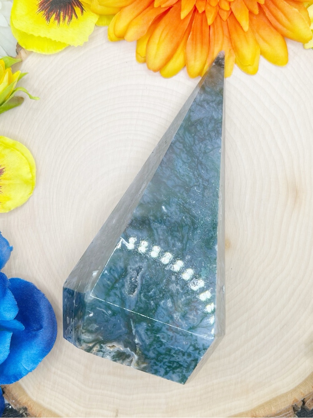 Green Moss Agate Obelisk Decorative Accent Tower (A)